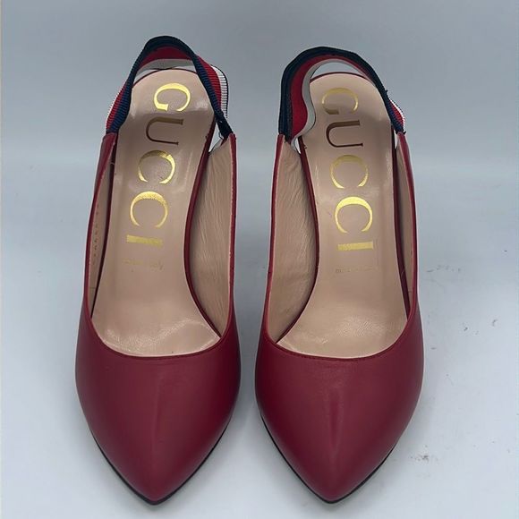 New Gucci Sylvie Red Leather Web Slingback Size 9/ 39 - Picture 2 of 12